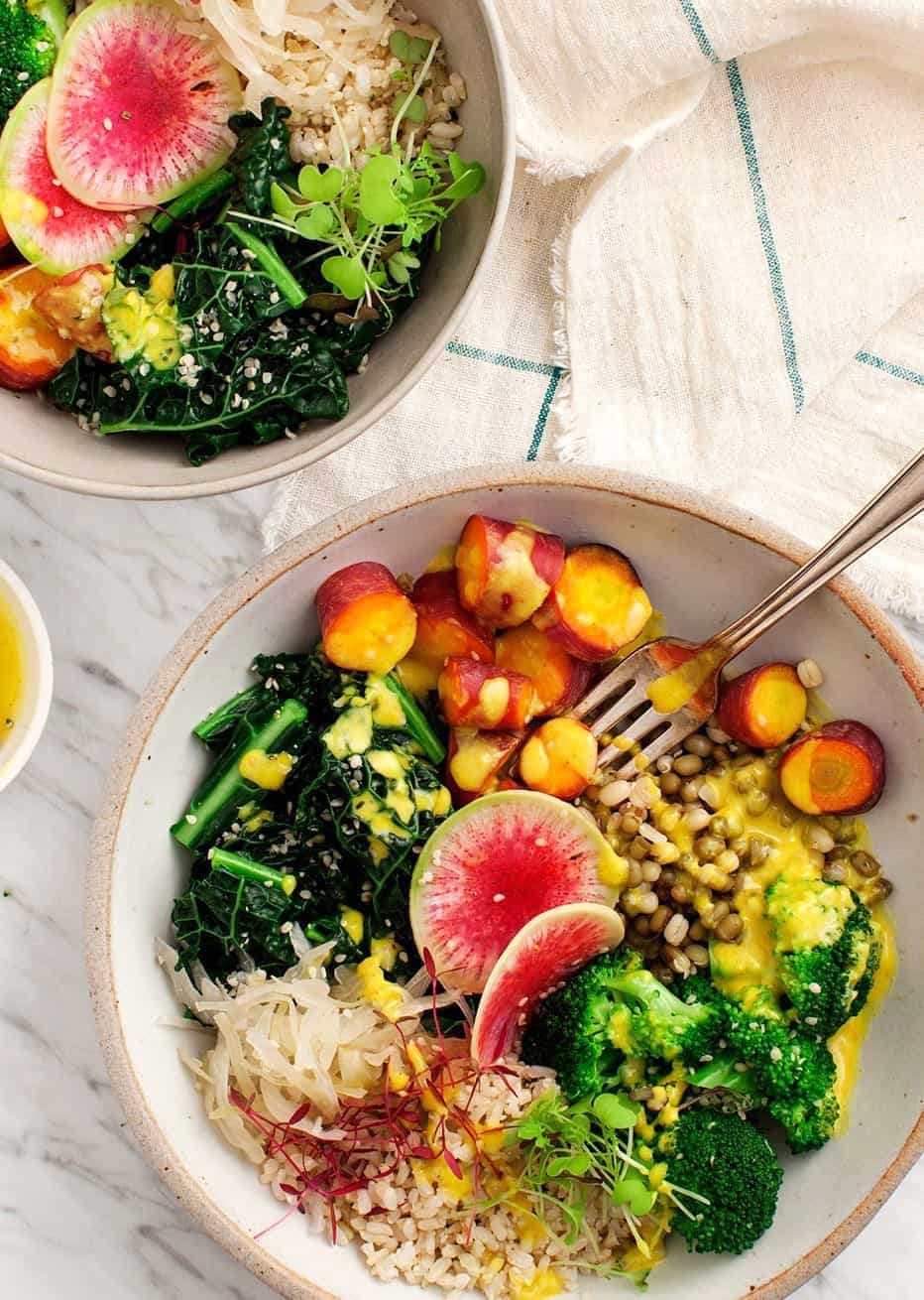 Macro veggie bowl with turmeric tahini sauce