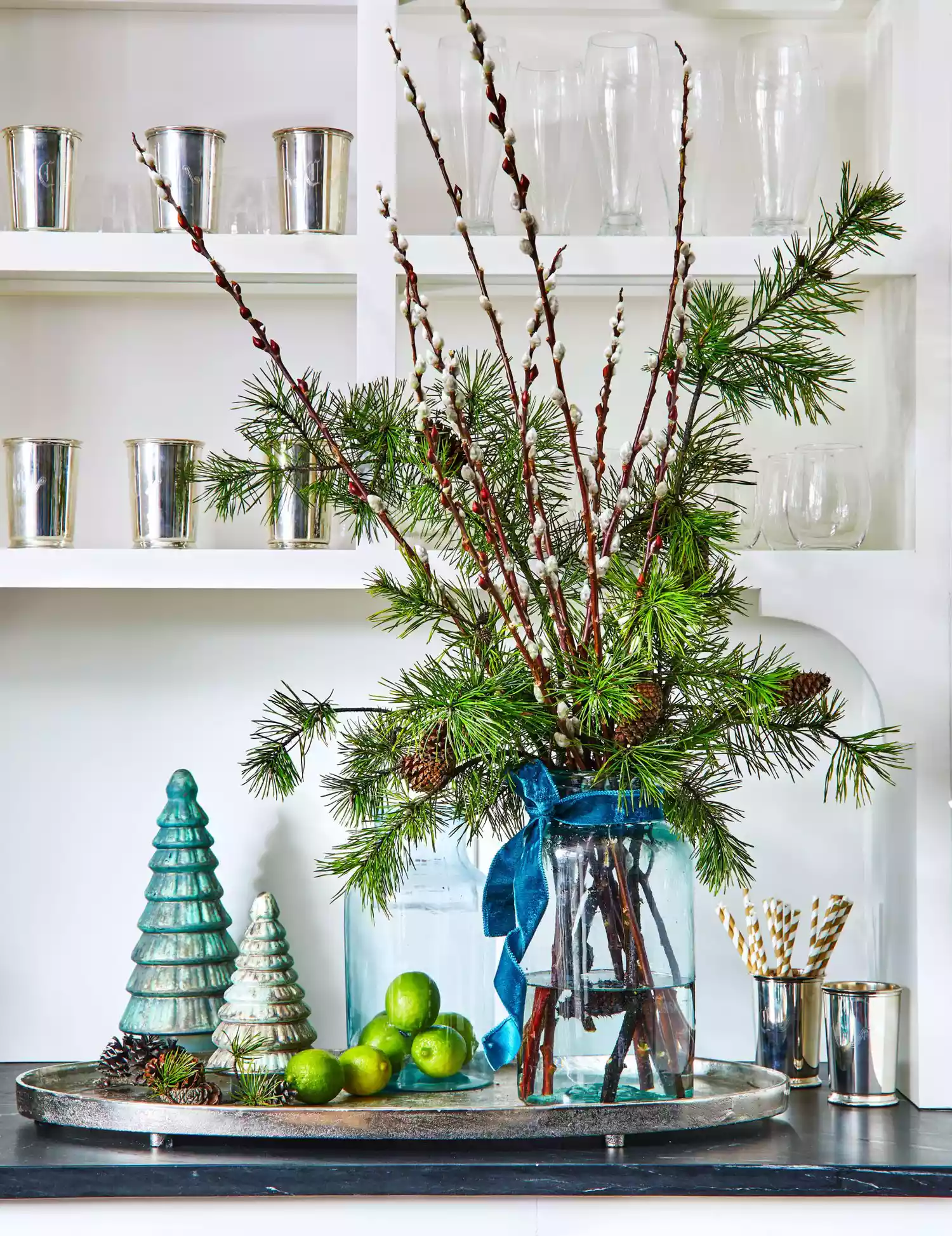 Pussy Willow and Pine Branches in Vase for Christmas
