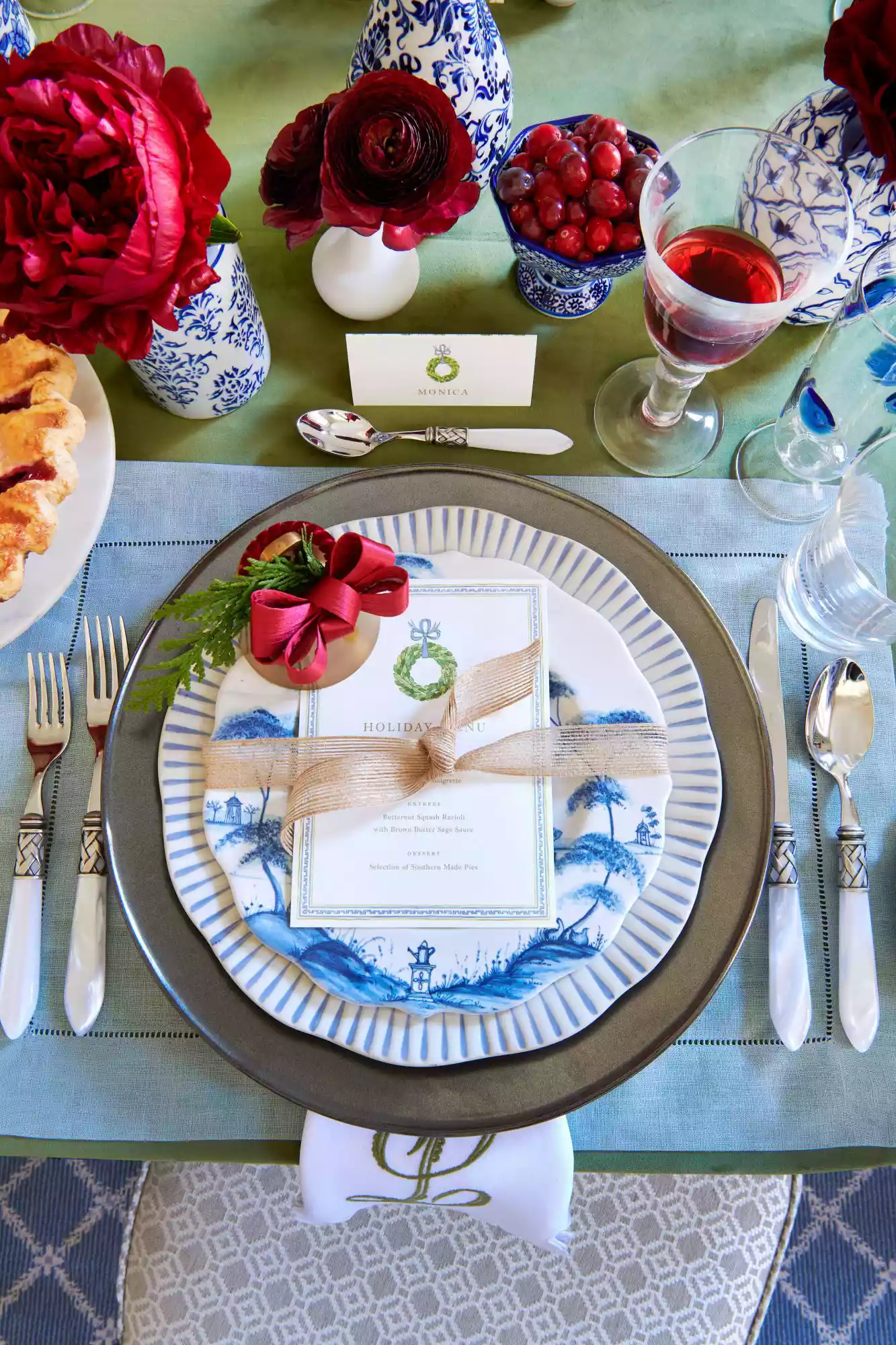 Blue and Green Table Setting for Christmas