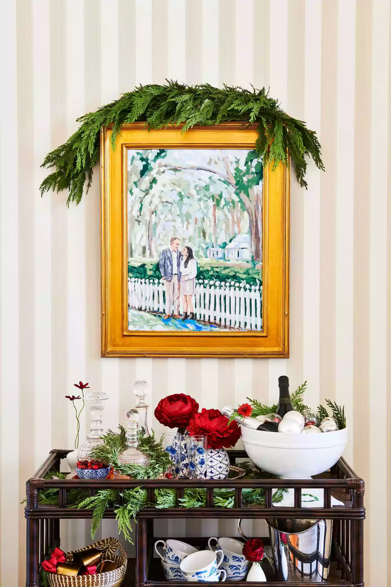 Festive bar cart and couple portrait decorated for the holidays