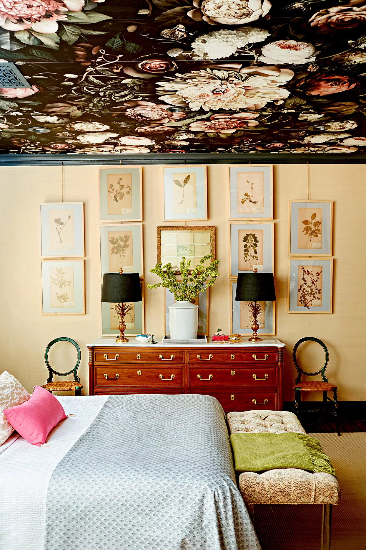 Bedroom with floral ceiling