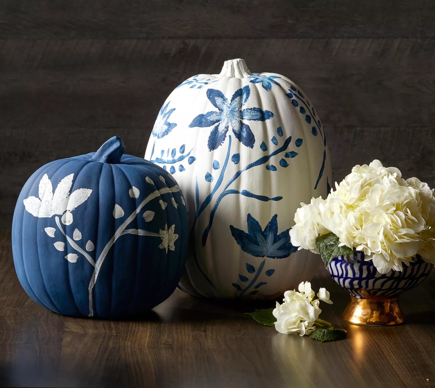 blue painted pumpkins