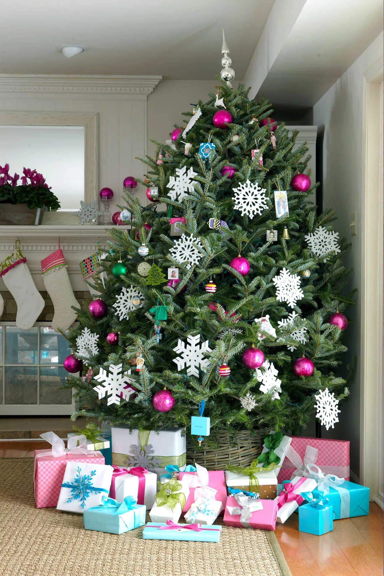 christmas tree with snowflake ornaments