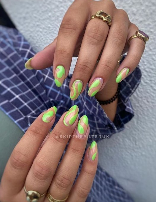 neon green swirl almond nails
