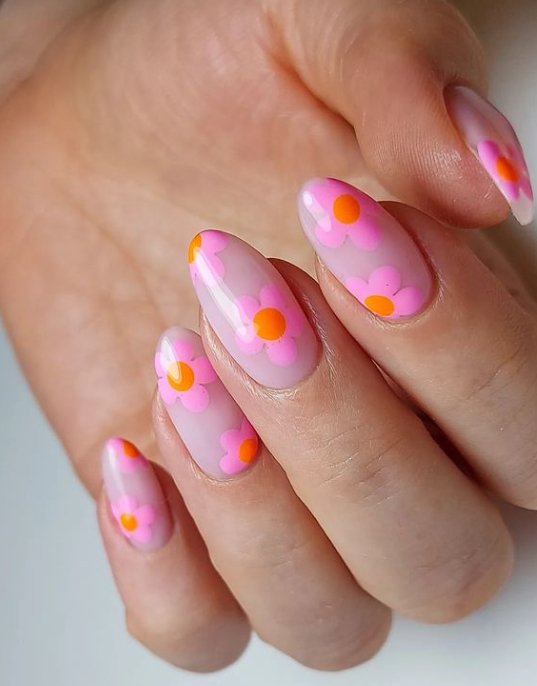 pink and orange flower nails jark