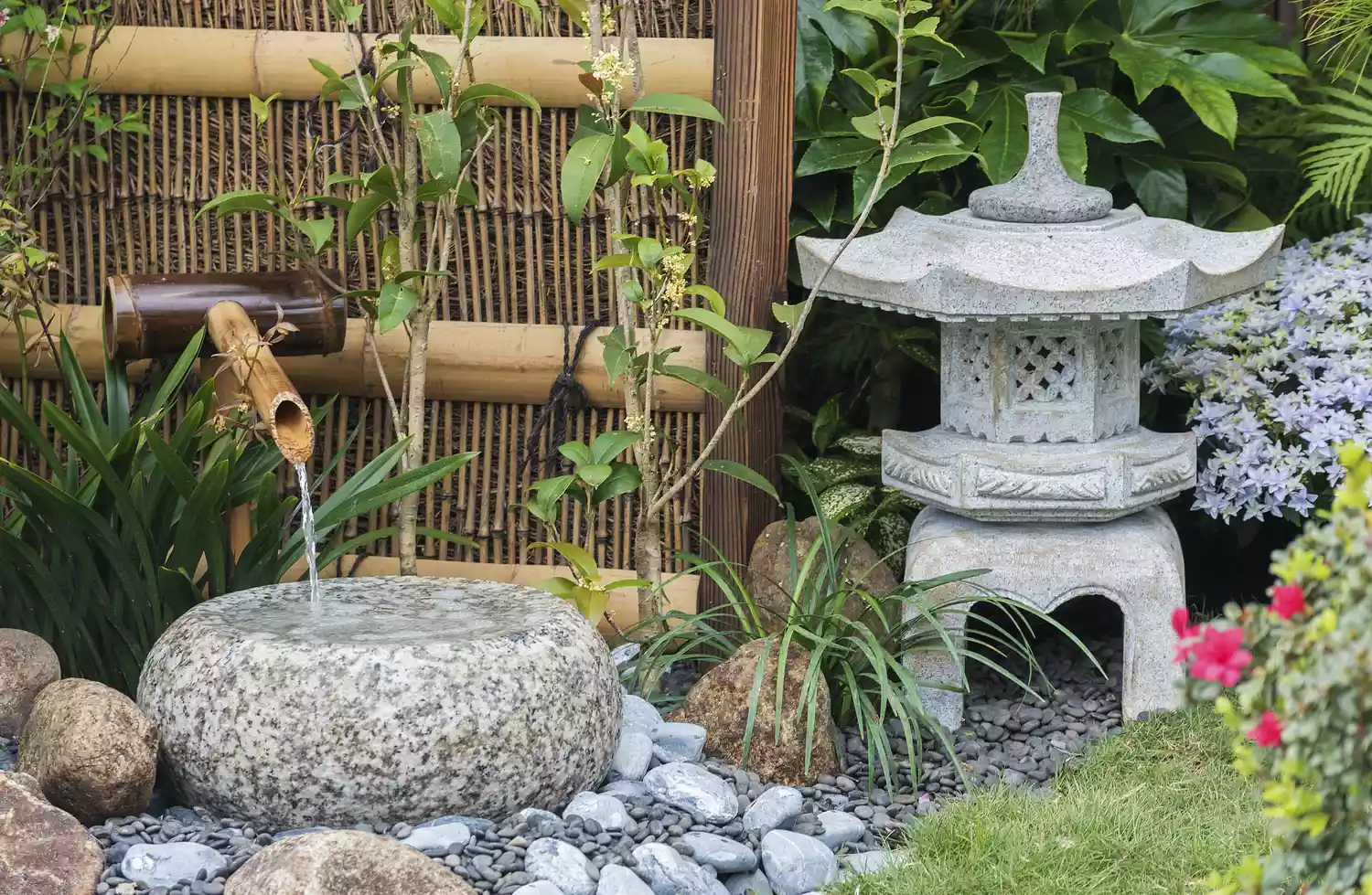 Bamboo water feature and stone lantern in Japanese garden