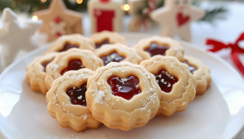 Linzer cookies dusted with powdered sugar
