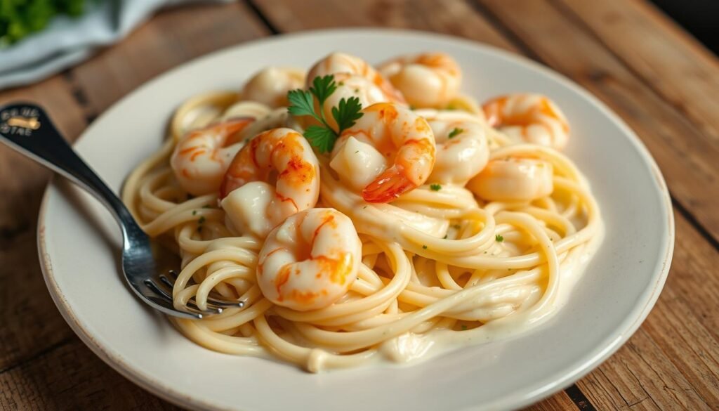 Shrimp Alfredo pasta dish