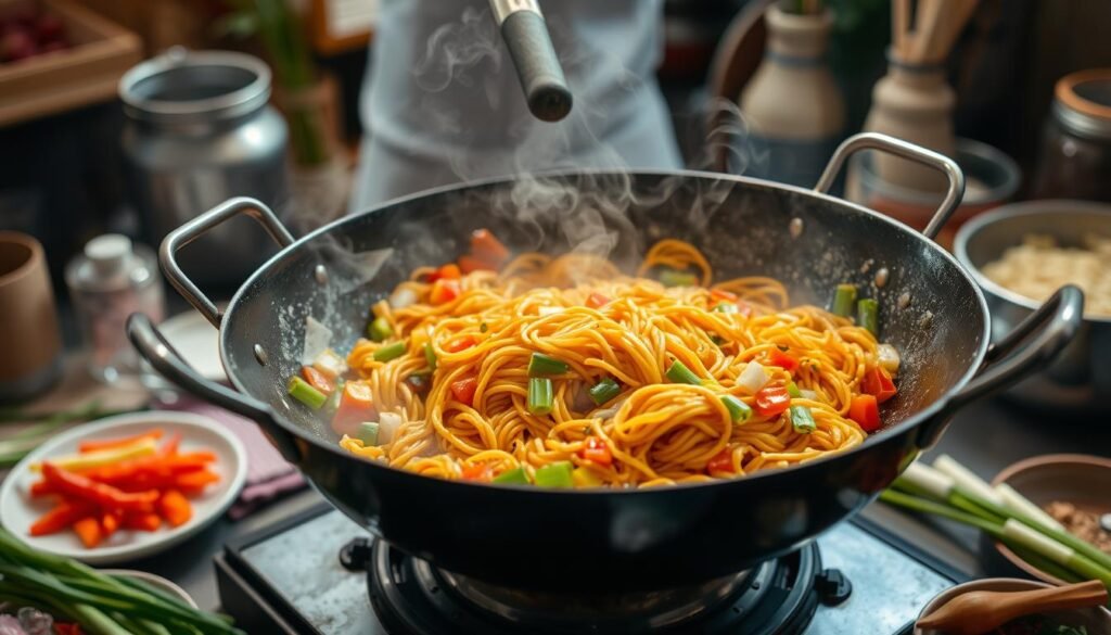 Stir-frying noodles in a wok