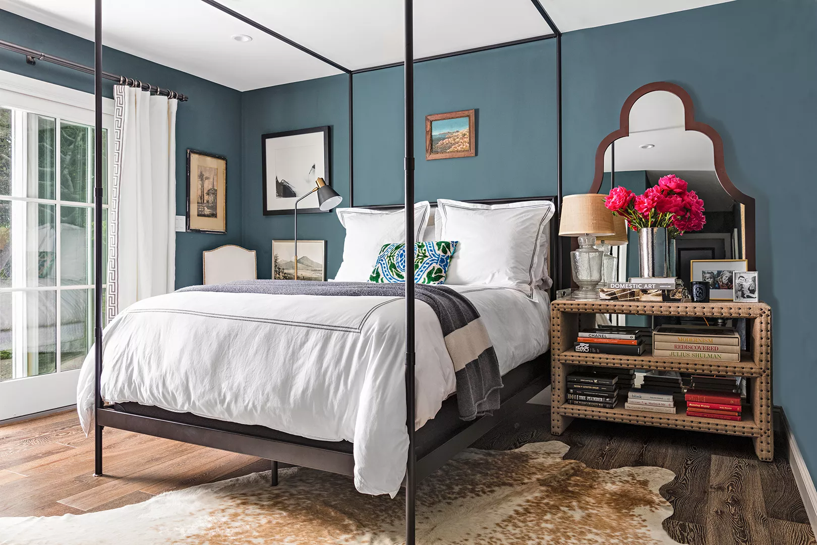 guest bedroom blue wallpaper collected artwork